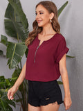 Burgundy Rolled Cuff Zip Half Placket Top