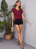 Burgundy Rolled Cuff Zip Half Placket Top