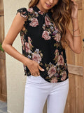 Floral Print Ruffle Trim Mock Neck Ruched Front Blouse