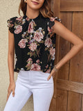 Floral Print Ruffle Trim Mock Neck Ruched Front Blouse