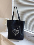 Black Flower Print Large Capacity Linen Bag