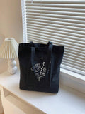 Black Flower Print Large Capacity Linen Bag