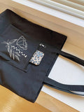 Black Flower Print Large Capacity Linen Bag