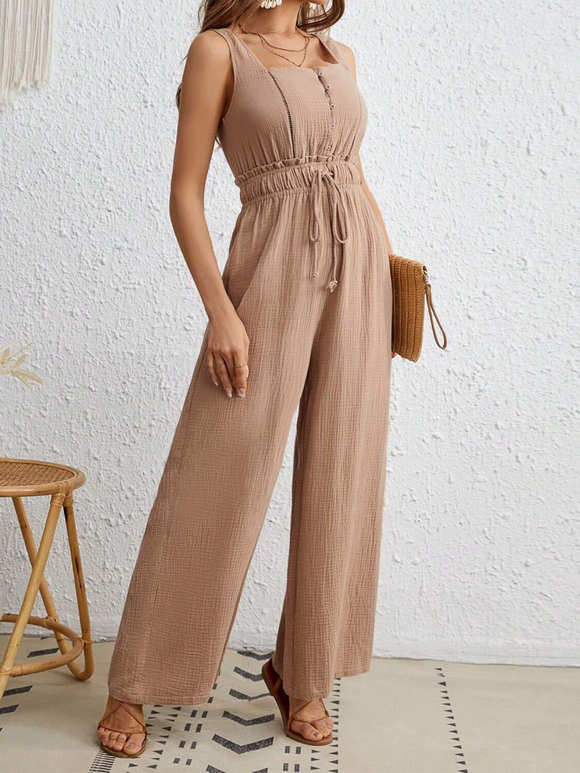 Khaki Drawstring Waist Wide Leg Tank Jumpsuit