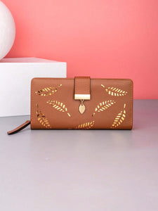 Brown Leaf Pattern Hot Stamping Pu Clutch Wallet