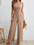 Khaki Drawstring Waist Wide Leg Tank Jumpsuit