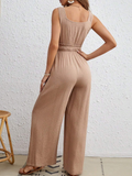 Khaki Drawstring Waist Wide Leg Tank Jumpsuit