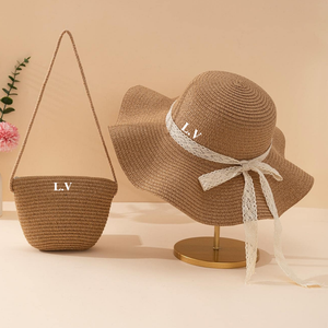 Women Bow Decor Straw Hat With Straw Bag