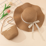 Women Bow Decor Straw Hat With Straw Bag