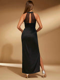 Mesh Split Thigh Halter Neck Bridesmaid Dress