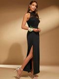 Mesh Split Thigh Halter Neck Bridesmaid Dress