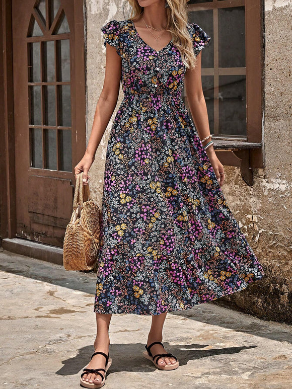 Black Ditsy Floral V-Neck Puff Sleeve Maxi Casual Dress