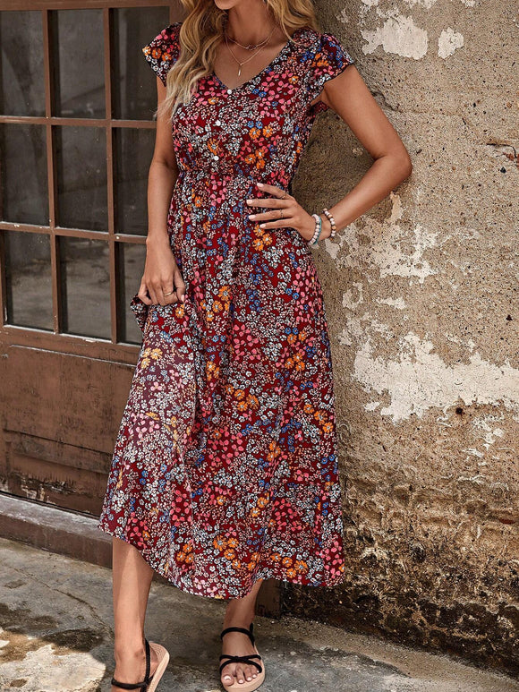 Ditsy Floral V-Neck Puff Sleeve Maxi Casual Dress