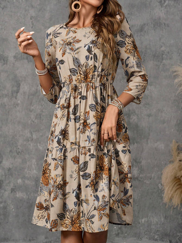 Floral Khaki Long Sleeve Dress