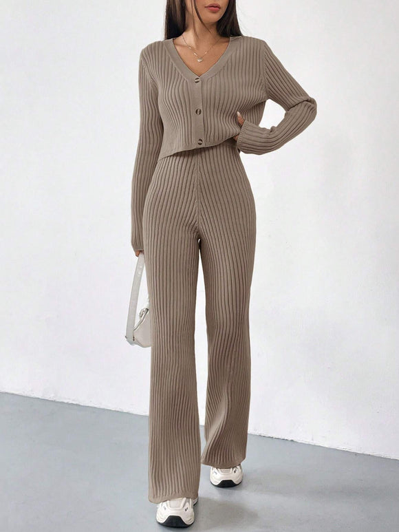 EZwear Retro Style Brown Ribbed Knit Cardigan & Knit Pants