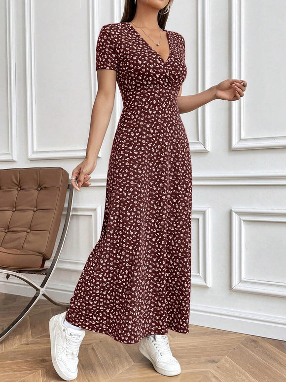 Burgundy Elegant Short-Sleeved Dress With Floral Prints