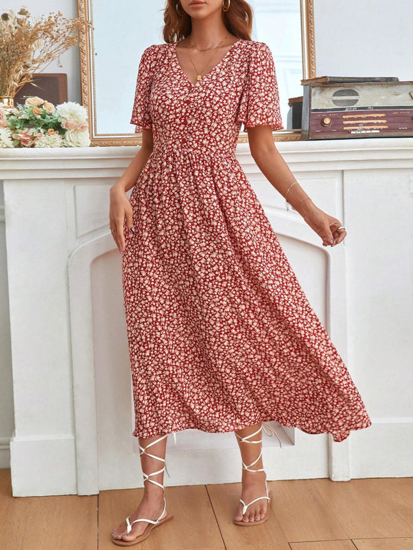 Ditsy Floral Print Butterfly Sleeve Dress