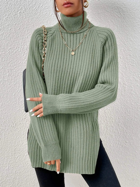 Green Grain Fabric Turtleneck Raglan Sleeve Split Hem Sweater