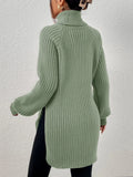 Green Grain Fabric Turtleneck Raglan Sleeve Split Hem Sweater