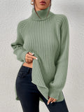 Green Grain Fabric Turtleneck Raglan Sleeve Split Hem Sweater