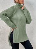 Green Grain Fabric Turtleneck Raglan Sleeve Split Hem Sweater