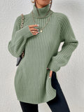 Green Grain Fabric Turtleneck Raglan Sleeve Split Hem Sweater