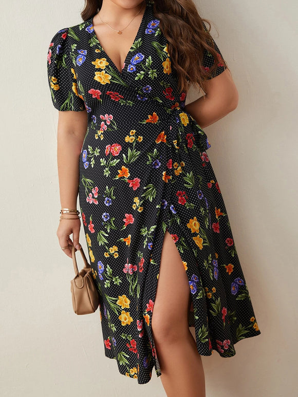 Floral Print Puff Sleeve Knot Side Wrap Dress