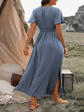 Blue Neck Cinching Waist Split Batwing Sleeve Dress