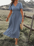 Blue Neck Cinching Waist Split Batwing Sleeve Dress