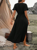 Plus Size V-Neck Cinching Waist Split Batwing Sleeve Dress