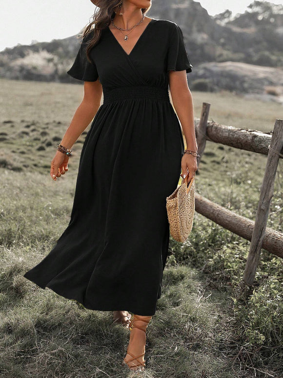 Plus Size V-Neck Cinching Waist Split Batwing Sleeve Dress