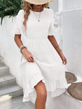 White Solid Flounce Sleeve Ruffle Hem Dress Without Belt