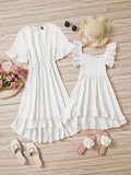 White Solid Flounce Sleeve Ruffle Hem Dress Without Belt