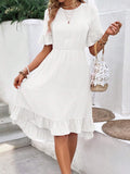 White Solid Flounce Sleeve Ruffle Hem Dress Without Belt