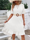 White Solid Flounce Sleeve Ruffle Hem Dress Without Belt