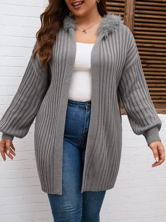 Fuzzy Trim Drop Shoulder Hooded Cardigan