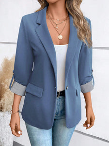 Blue Turn-Down Collar Single Button Casual Blazer Jacket