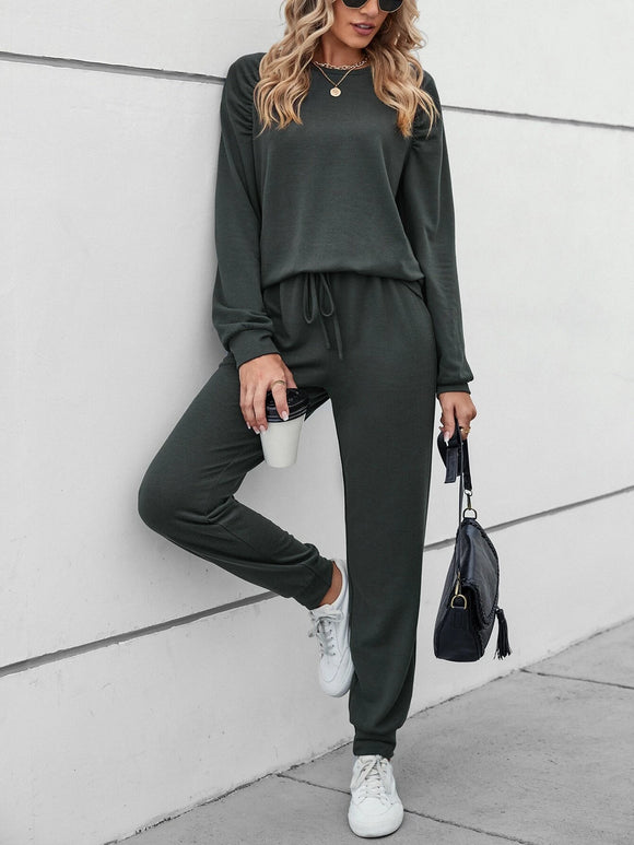 Dark Green Raglan Sleeve Pullover & Drawstring Waist Sweatpants