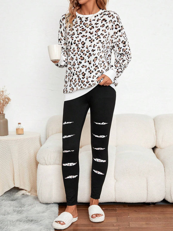 Women's Leopard Print Top And Leggings Set