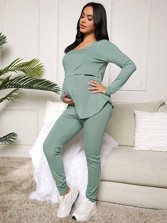 Solid Color Long Sleeve Top And Pants Nursing Set