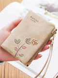 Khaki Short Wallet With Leaf Print