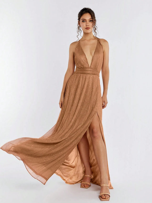 Backless Crisscross Tie Up Split Thigh Party Maxi Dress