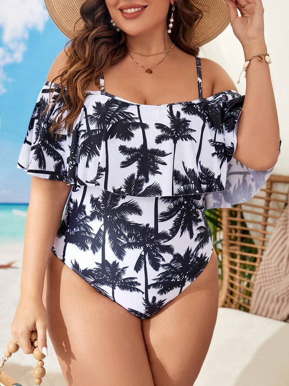 Coconut Tree Print Cold Shoulder Ruffle Trim One Piece