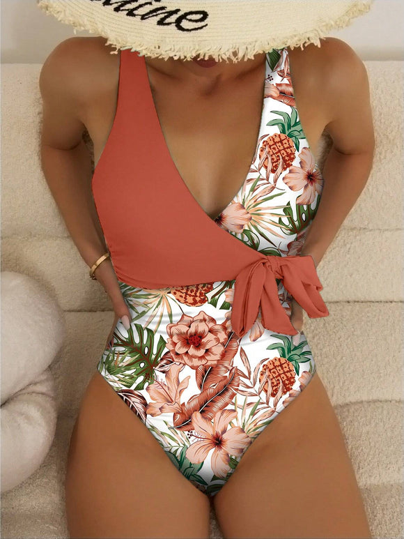 Tropical Print Knot Side Belted One Piece Swimsuit Burnt Orange