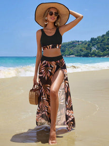 Vcay Tropical Print Bikini Swimsuit With Beach Skirt