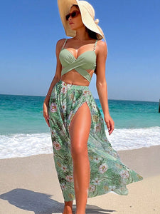 Tropical Print Wrap Push Up Bikini Swimsuit With Beach Skirt