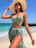 Tropical Print Wrap Push Up Bikini Swimsuit With Beach Skirt