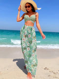 Tropical Print Wrap Push Up Bikini Swimsuit With Beach Skirt