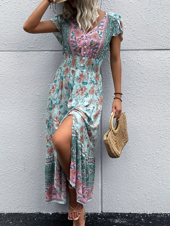 Blue Floral Print Shirred Waist Petal Sleeve Fake Button Slit Hem Dress