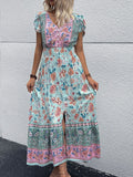 Blue Floral Print Shirred Waist Petal Sleeve Fake Button Slit Hem Dress